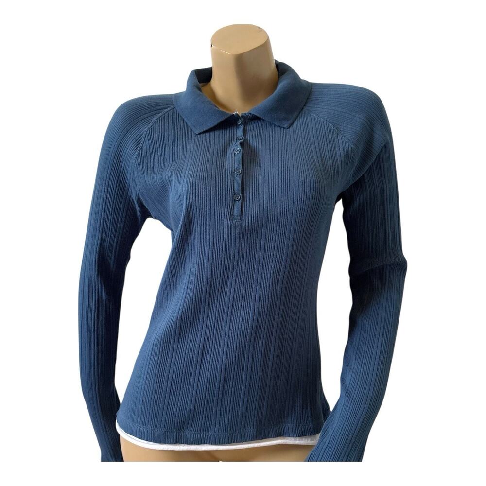 Vintage No Boundaries Ribbed Polo Shirt Womens XL 15 Blue Long Sleeve Stretch
